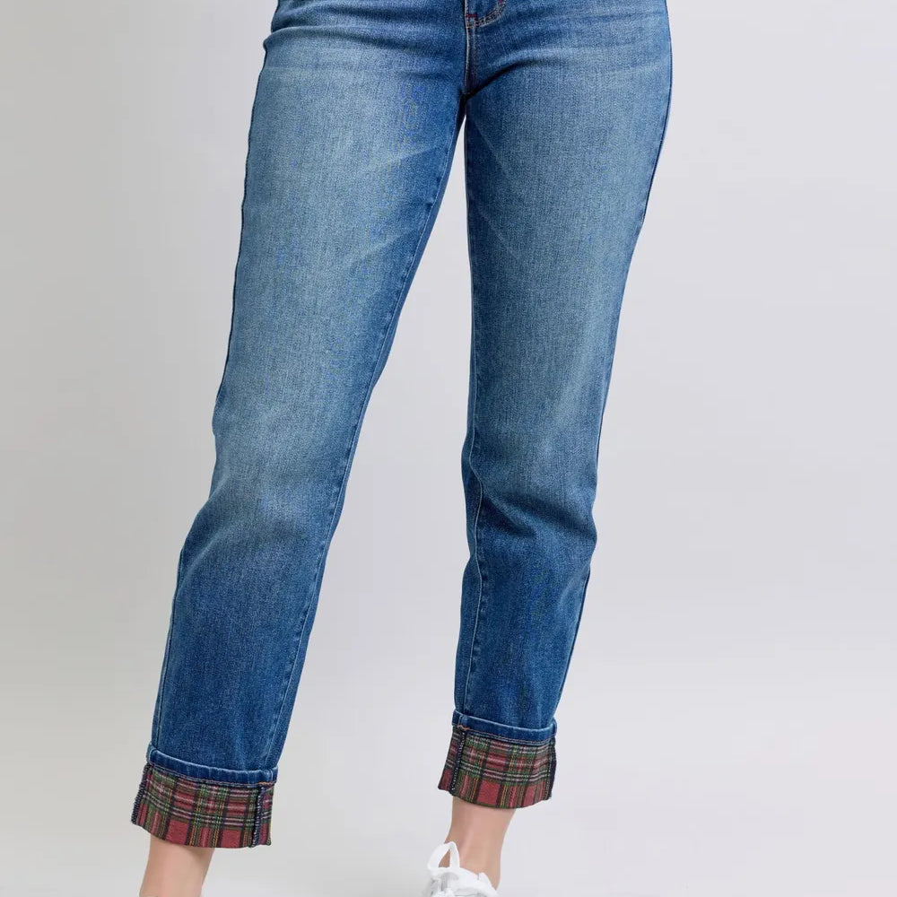 JUDY BLUE Full Size Plaid Print Cuff Straight Leg Jeans with Pockets *BF DEAL* on Simply Obsessed