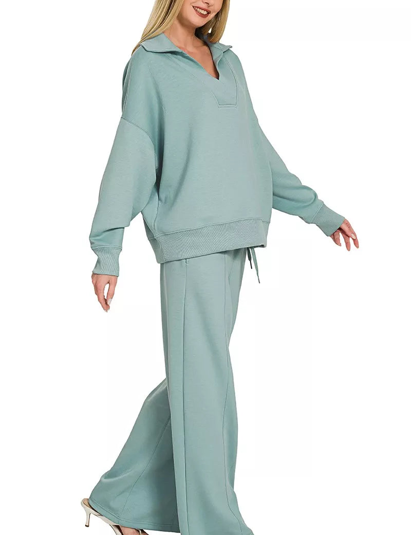 ZENANA Scuba Collared Pullover & Center Seam Pants Set on Simply Obsessed