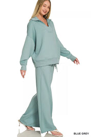 ZENANA Scuba Collared Pullover & Center Seam Pants Set on Simply Obsessed