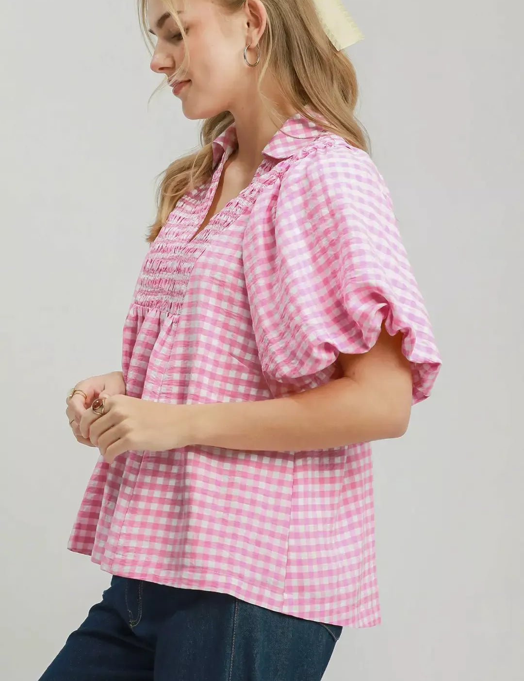 UMGEE Smocked Yoke Puff Sleeve Gingham Blouse on Simply Obsessed