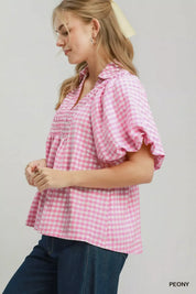 UMGEE Smocked Yoke Puff Sleeve Gingham Blouse on Simply Obsessed