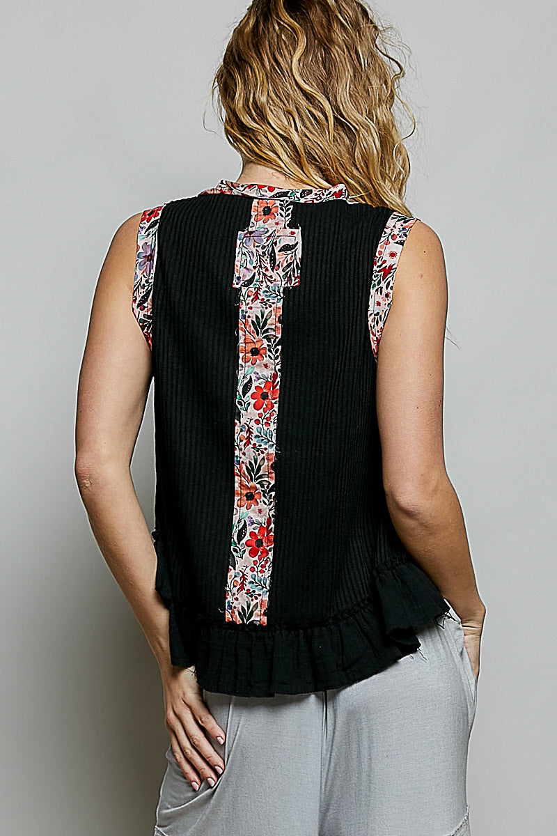 POL Floral Print Patche Round Neck Ribbed Tank with Double Gauze Ruffle Accents on Simply Obsessed