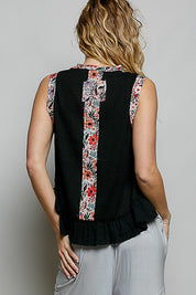 POL Floral Print Patche Round Neck Ribbed Tank with Double Gauze Ruffle Accents on Simply Obsessed