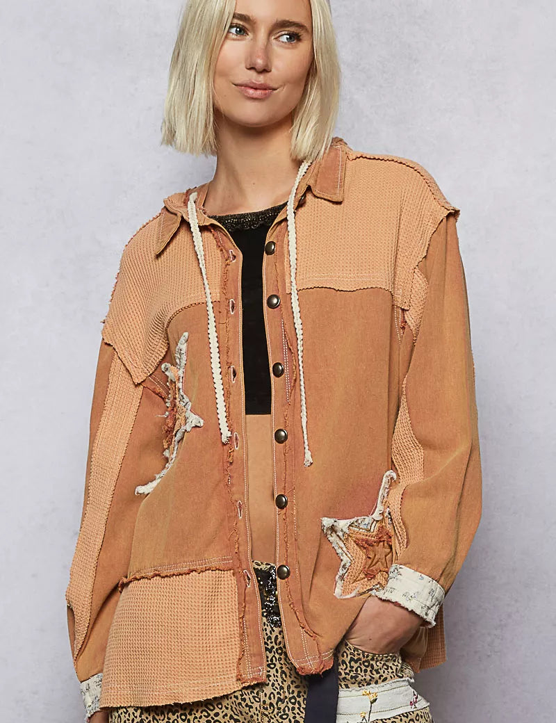 POL Button Down Hooded Jacket with with Star Patch Pattern on Simply Obsessed