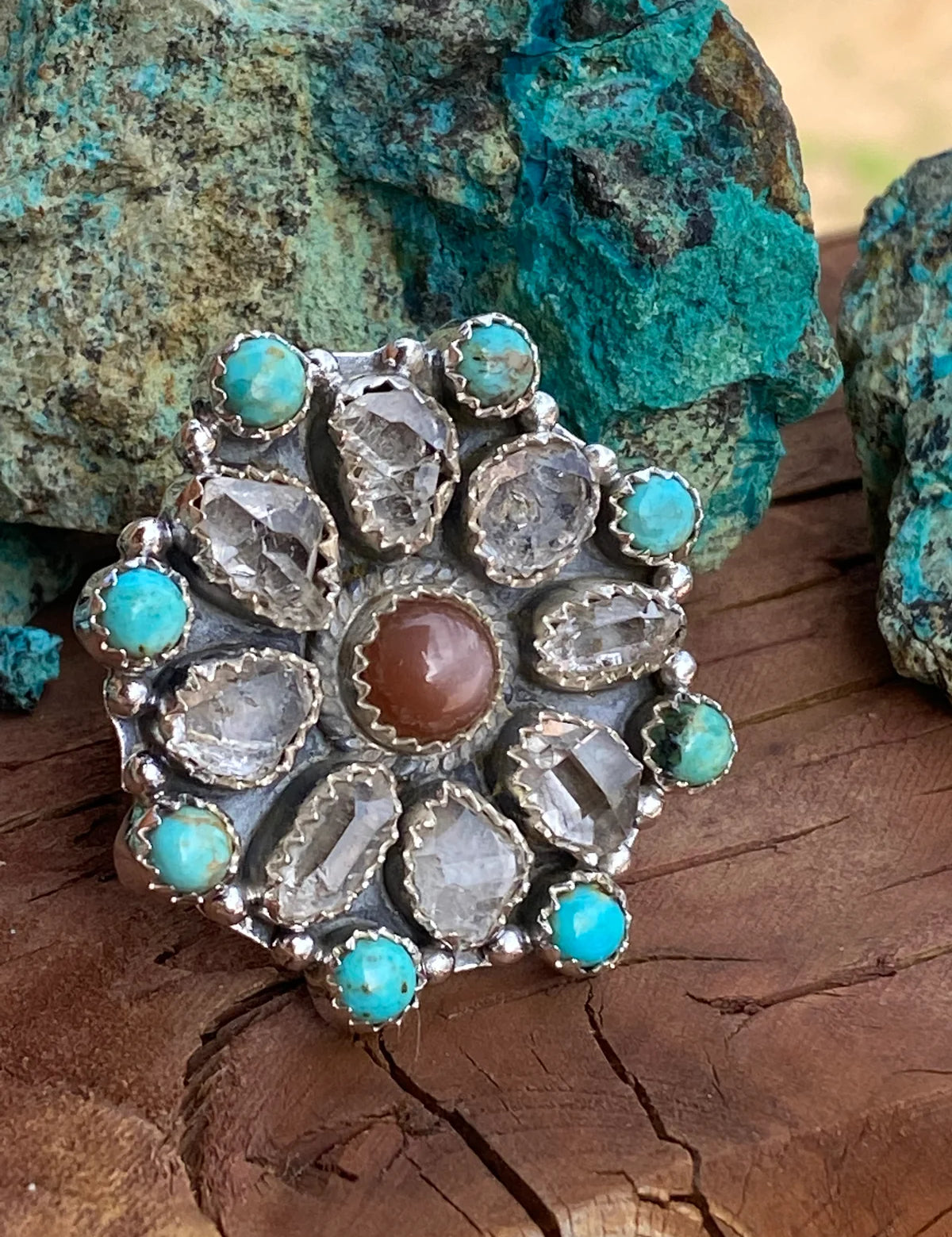 NIZHONI Handmade Garnet Sterling Silver, Turquoise & Herkimer Diamond Cluster Adjustable Ring on Simply Obsessed