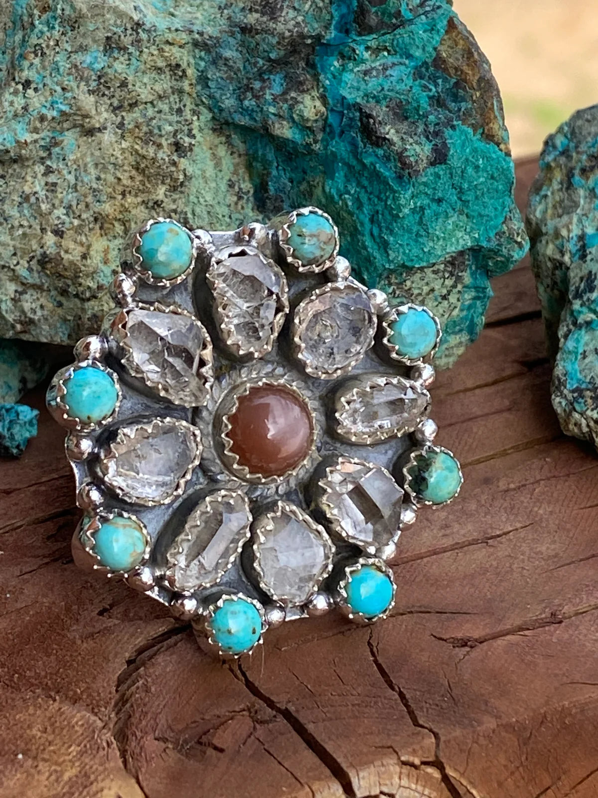NIZHONI Handmade Garnet Sterling Silver, Turquoise &amp; Herkimer Diamond Cluster Adjustable Ring on Simply Obsessed