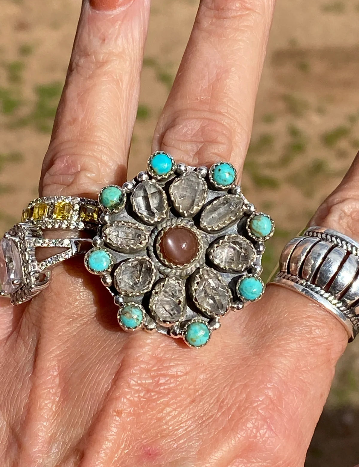 NIZHONI Handmade Garnet Sterling Silver, Turquoise & Herkimer Diamond Cluster Adjustable Ring on Simply Obsessed