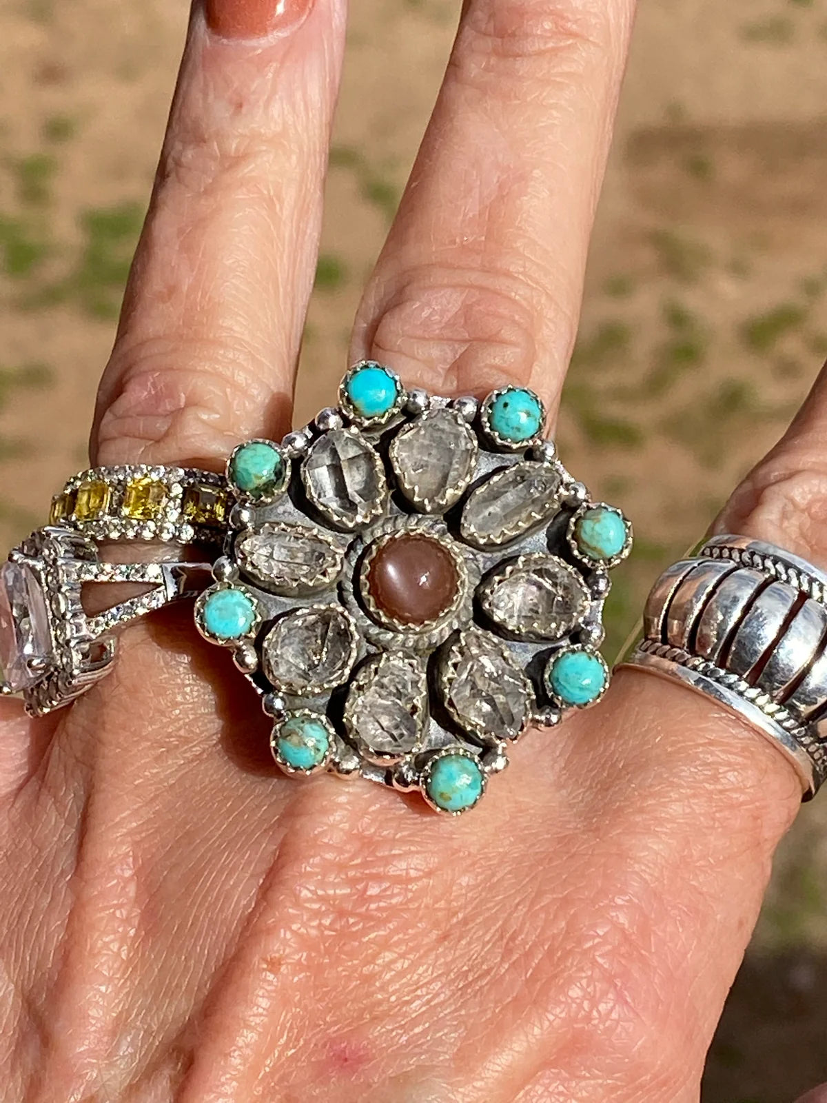 NIZHONI Handmade Garnet Sterling Silver, Turquoise & Herkimer Diamond Cluster Adjustable Ring on Simply Obsessed