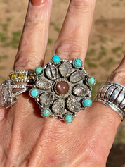 NIZHONI Handmade Garnet Sterling Silver, Turquoise & Herkimer Diamond Cluster Adjustable Ring on Simply Obsessed