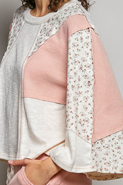 POL Exposed Seam Floral Patchwork Round Neck Textured Slub Knit Top on Simply Obsessed