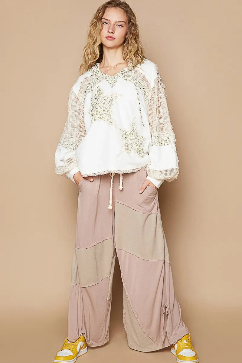 POL Star Patch Lace Contrast Long Sleeve Hooded Top on Simply Obsessed