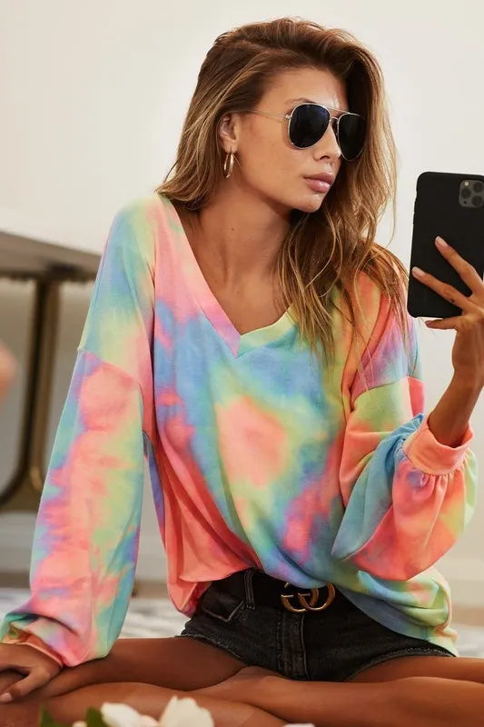 BiBi Tie Dye French Terry V Neck Top on Simply Obsessed