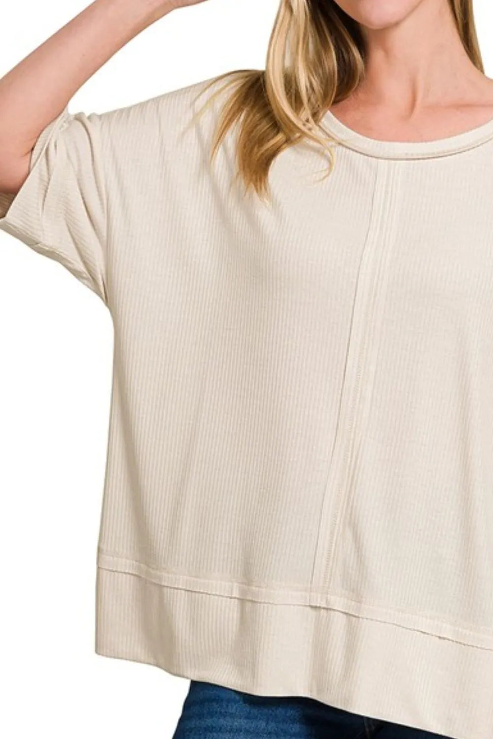 ZENANA Ribbed Boat Neck 3/4 Sleeve Top on Simply Obsessed