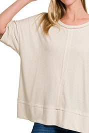 ZENANA Ribbed Boat Neck 3/4 Sleeve Top on Simply Obsessed