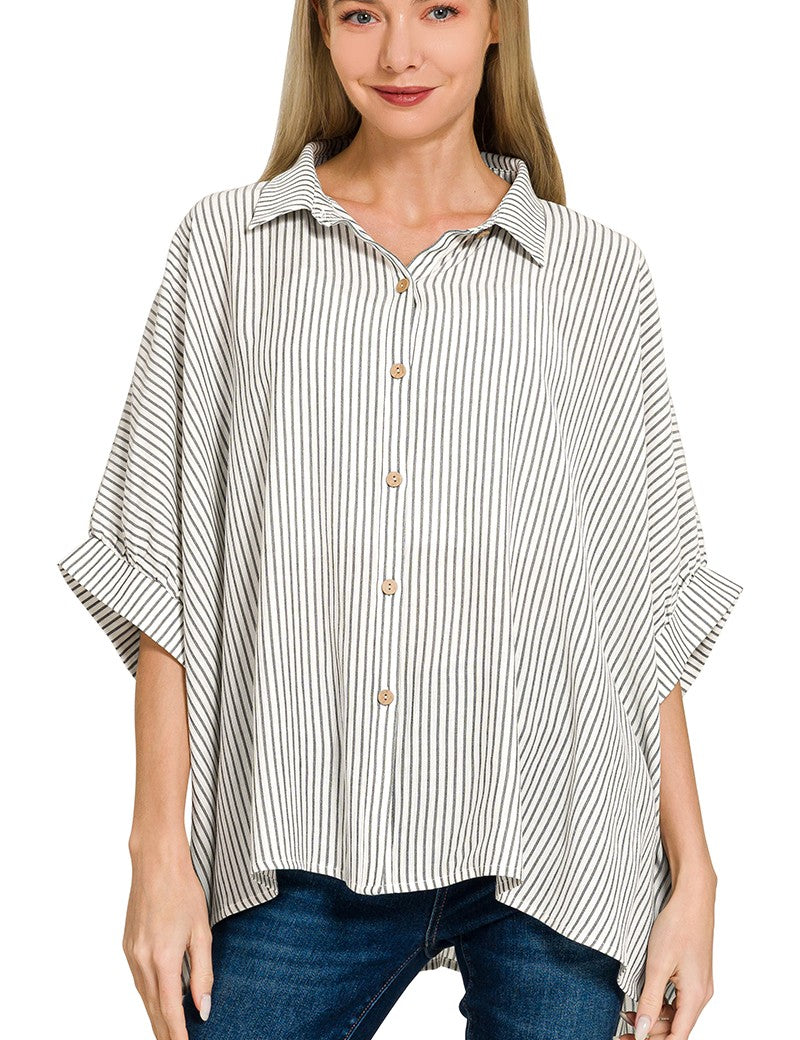 ZENANA Full Size Woven Stripe Button Down Boxy Shirt Plus Size on Simply Obsessed