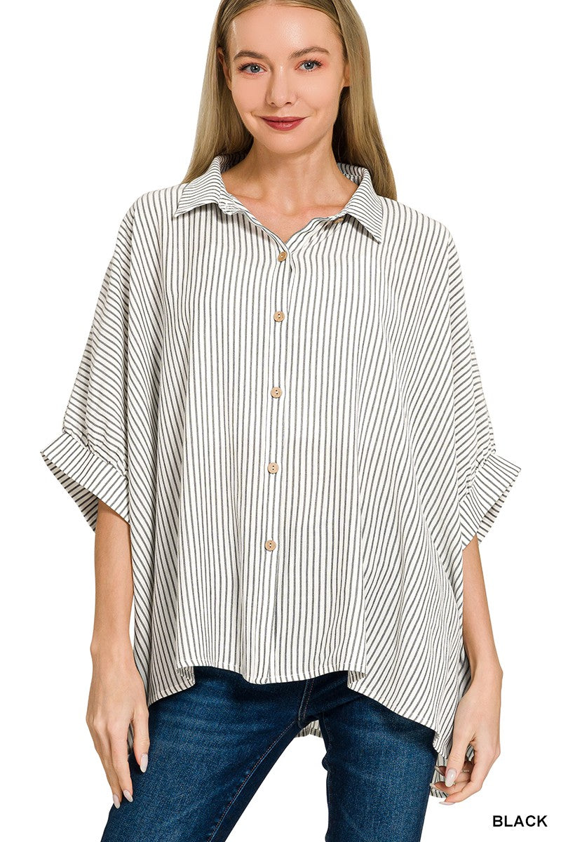 ZENANA Full Size Woven Stripe Button Down Boxy Shirt Plus Size on Simply Obsessed