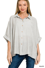 ZENANA Full Size Woven Stripe Button Down Boxy Shirt Plus Size on Simply Obsessed