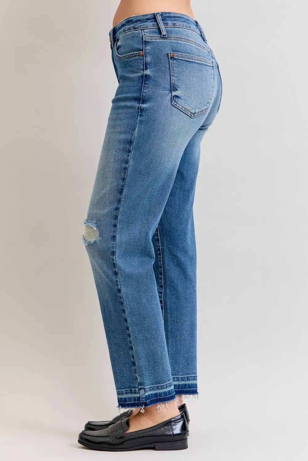 JUDY BLUE Full Size Mid Rise Bf Patch & Repair Destroy Release Hem Jeans Plus Size on Simply Obsessed