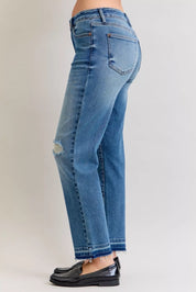 JUDY BLUE Full Size Mid Rise Bf Patch & Repair Destroy Release Hem Jeans Plus Size on Simply Obsessed