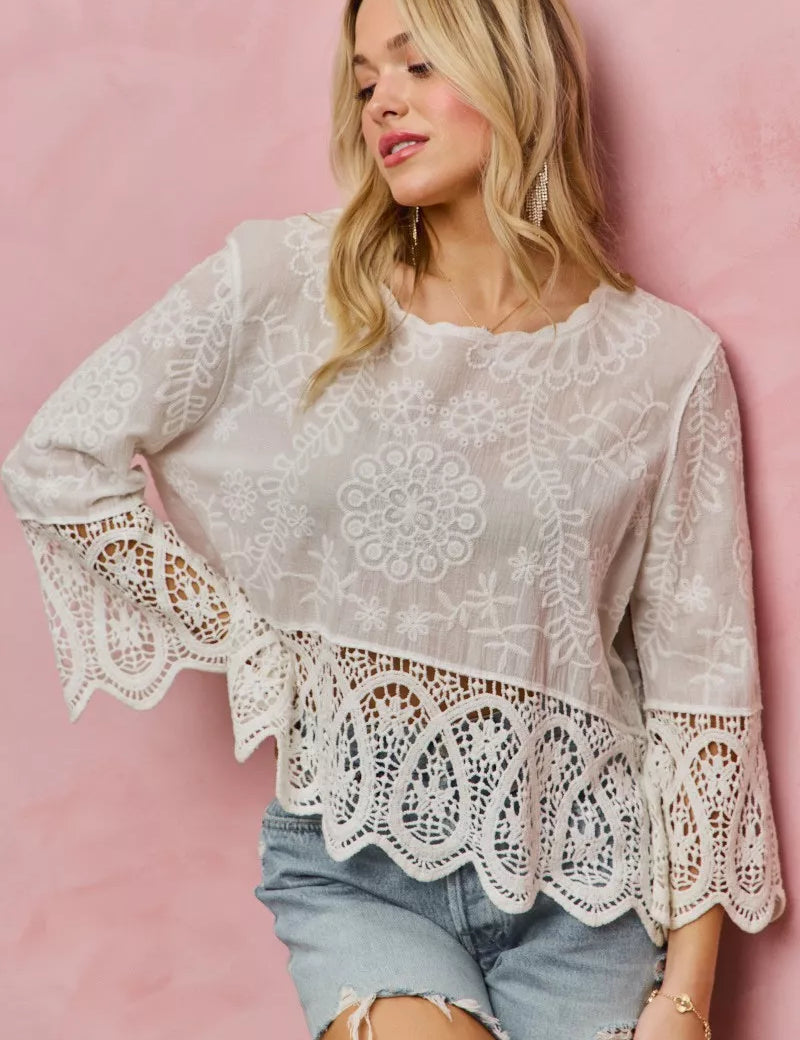 SO ME Floral Embroidered Crochet Lace Trimmed Top **DOORBUSTER** on Simply Obsessed