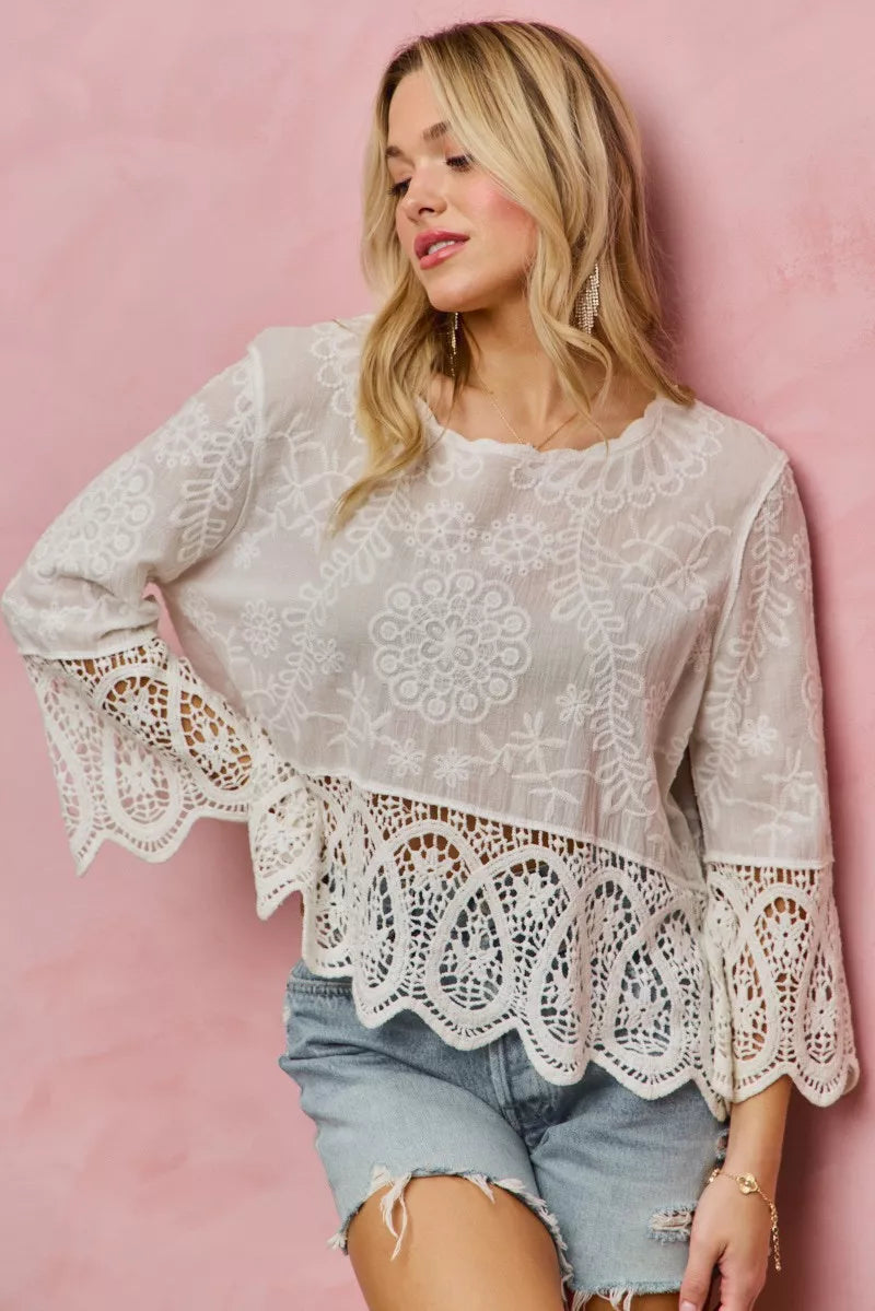 SO ME Floral Embroidered Crochet Lace Trimmed Top **DOORBUSTER** on Simply Obsessed