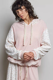 POL Mixed Knit Contrast Print Sleeve Hoodie with Kangaroo Pocket on Simply Obsessed