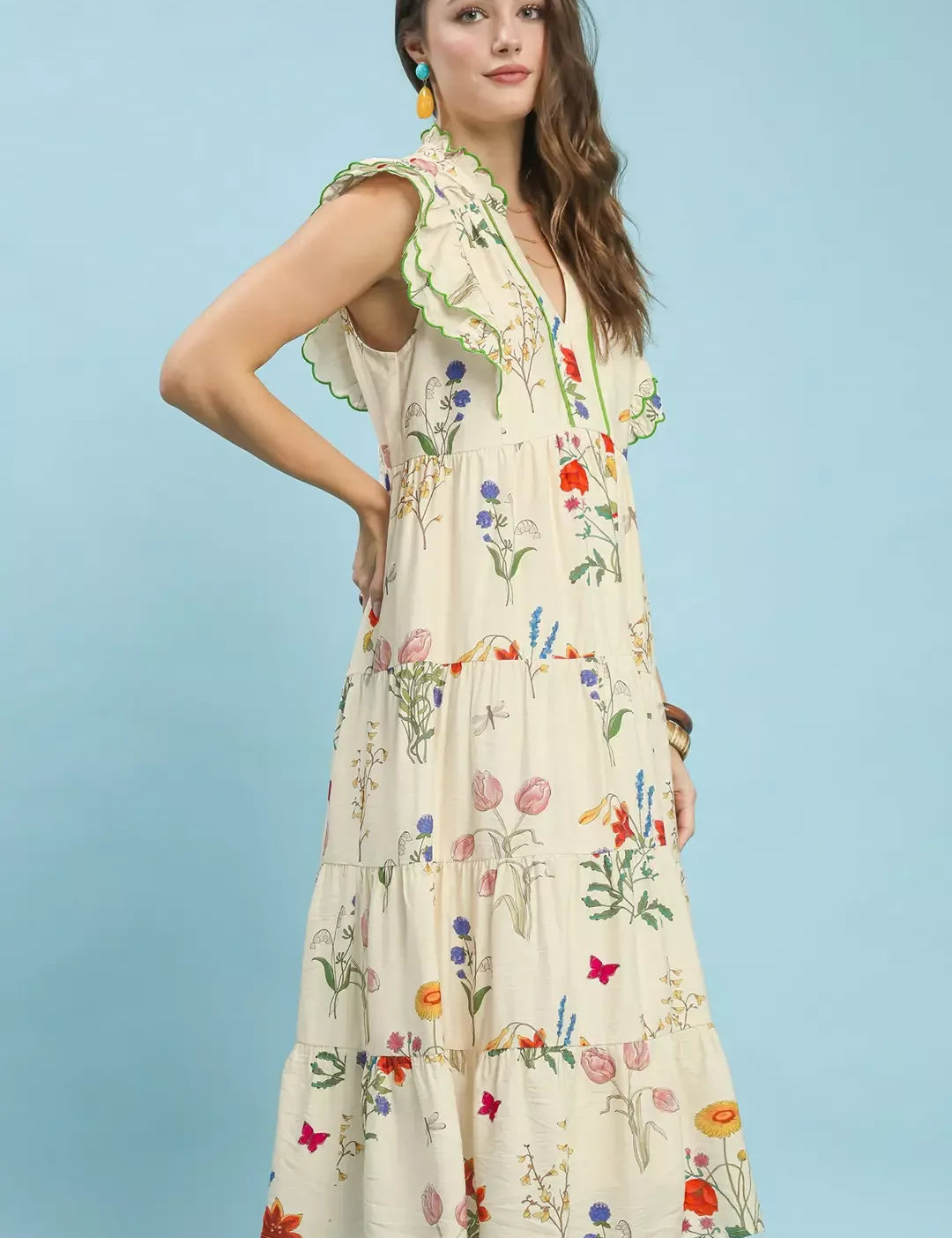 UMGEE Floral Ruffle Tiered Midi Dress with Scalloped Detail on Simply Obsessed