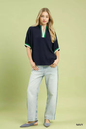 UMGEE Textured Knit Top with Striped Contrast Trim on Simply Obsessed