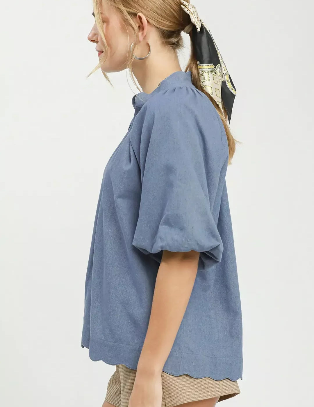 UMGEE Chambray Scallop Hem Puff Sleeve Top on Simply Obsessed