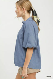 UMGEE Chambray Scallop Hem Puff Sleeve Top on Simply Obsessed