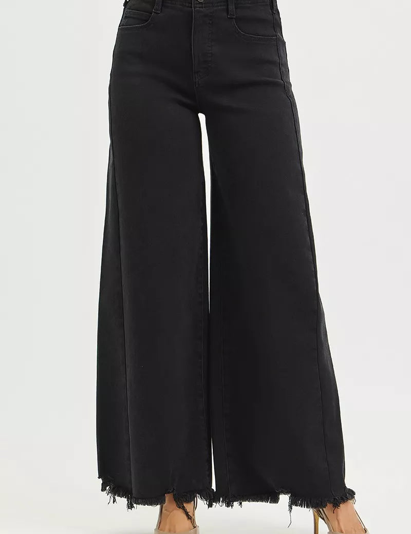 RISEN Tummy Control High Rise Palazzo Leg Frayed Hem Jeans on Simply Obsessed