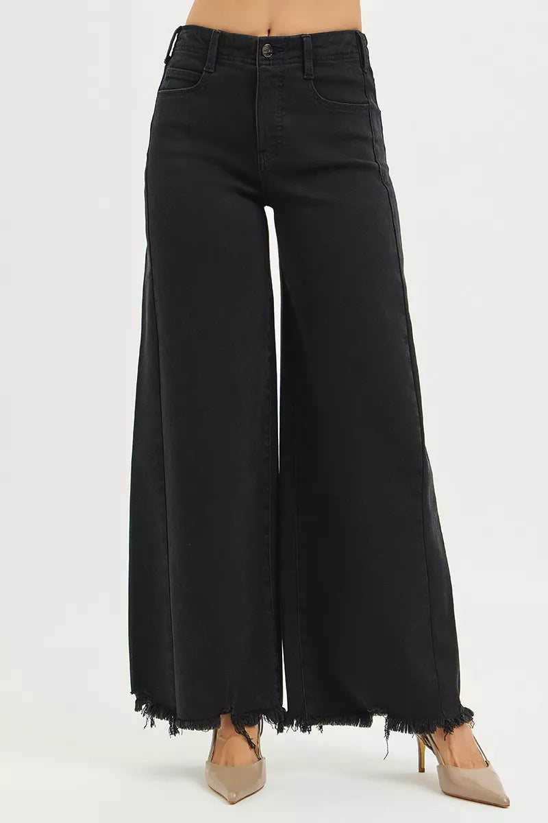 RISEN Tummy Control High Rise Palazzo Leg Frayed Hem Jeans on Simply Obsessed