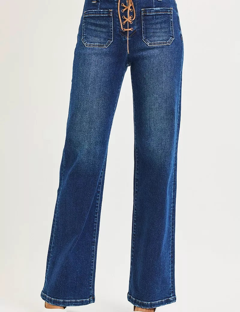 RISEN Full Size High Rise Wide Leg Jeans with Front Tie Detail Plus Size on Simply Obsessed