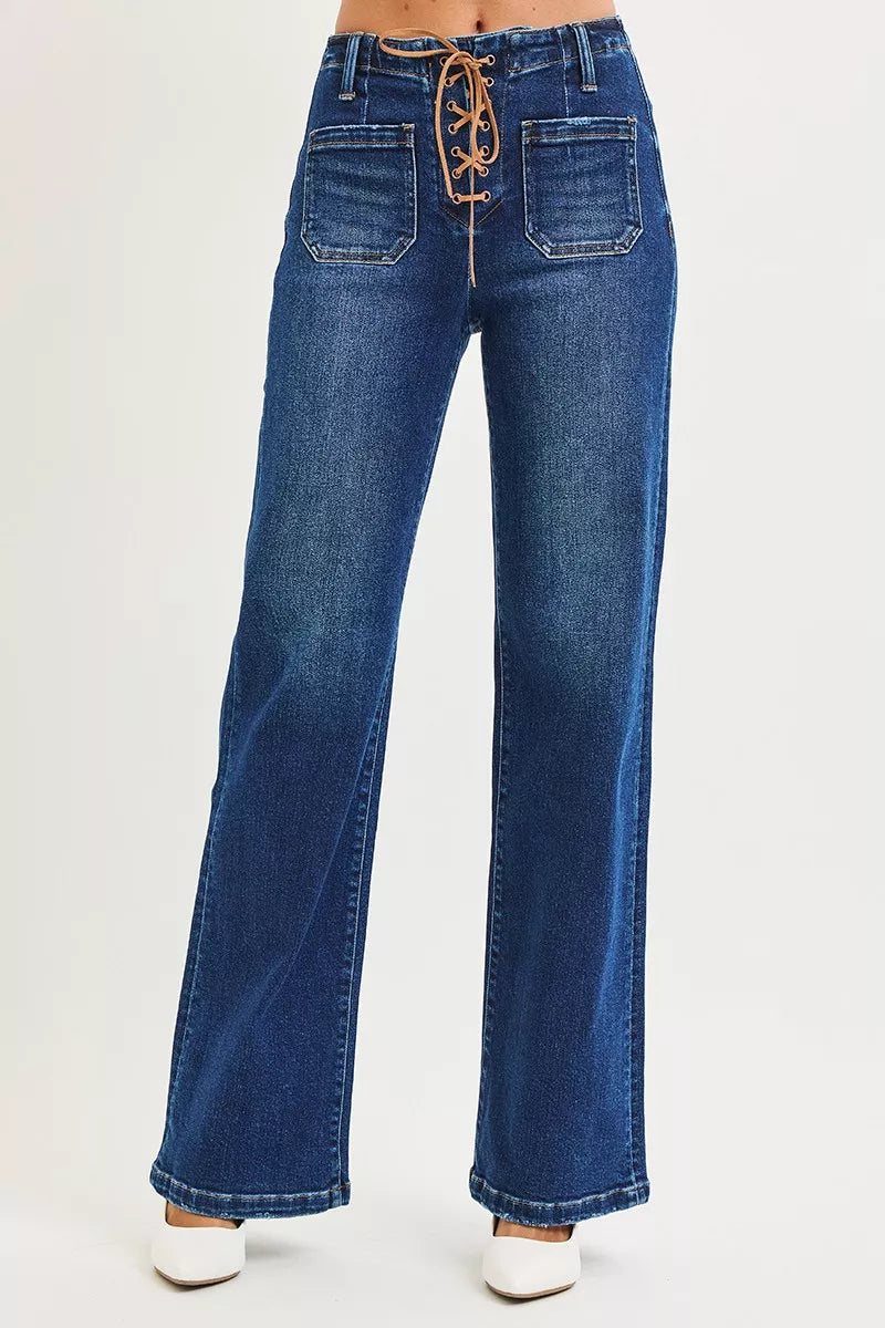 RISEN Full Size High Rise Wide Leg Jeans with Front Tie Detail Plus Size on Simply Obsessed