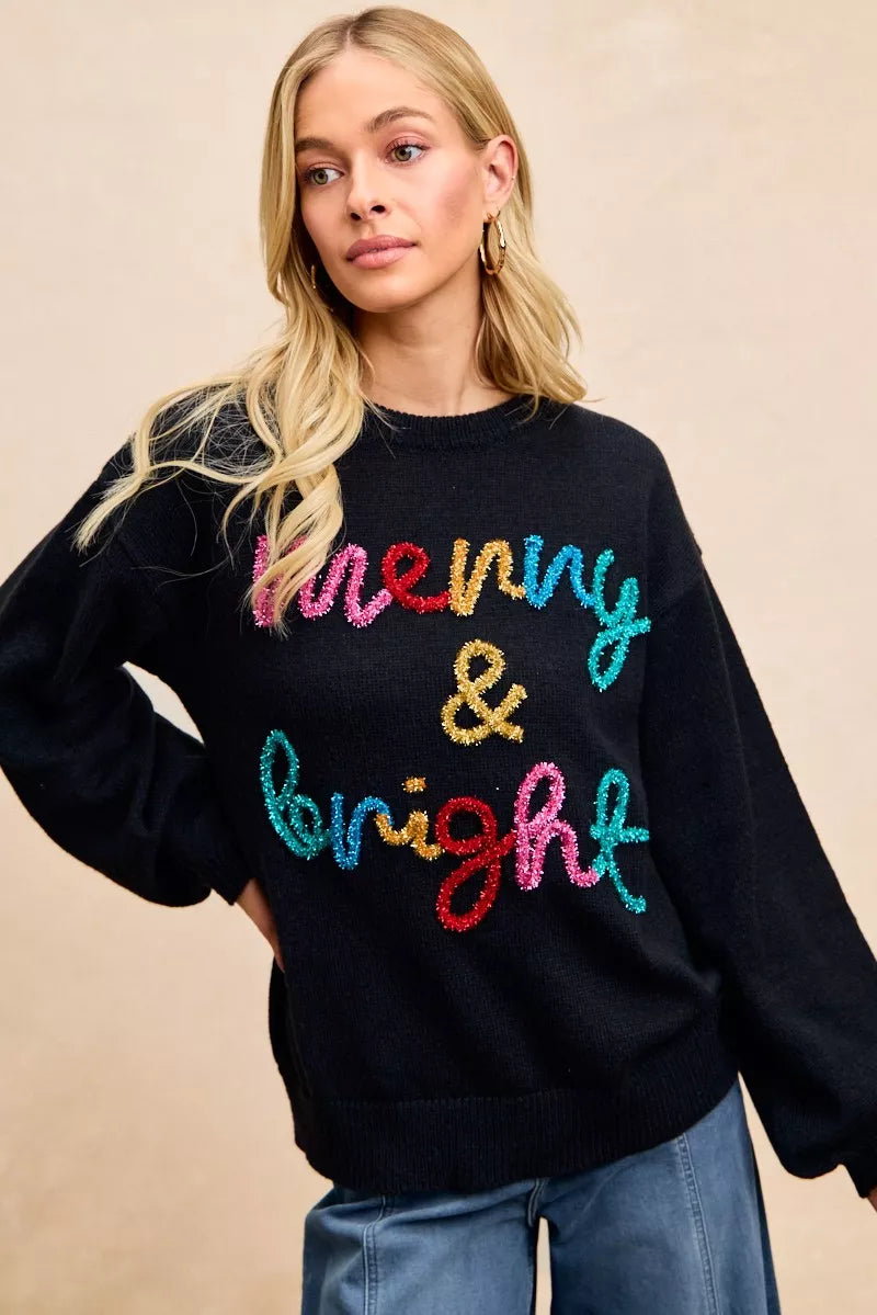 BIBI Tinsel Lettering Christmas Sweater on Simply Obsessed