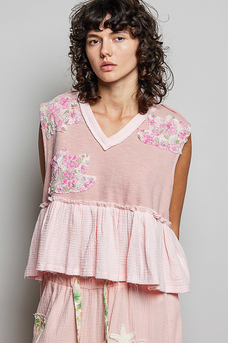 POL Floral Patch Ruffled Sleeveless Top with Raw Edge Detail on Simply Obsessed