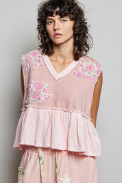 POL Floral Patch Ruffled Sleeveless Top with Raw Edge Detail on Simply Obsessed