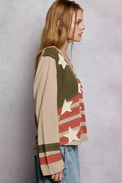 POL Double Gauze American Flag Patch V-Neck Long Sleeve T-Shirt on Simply Obsessed