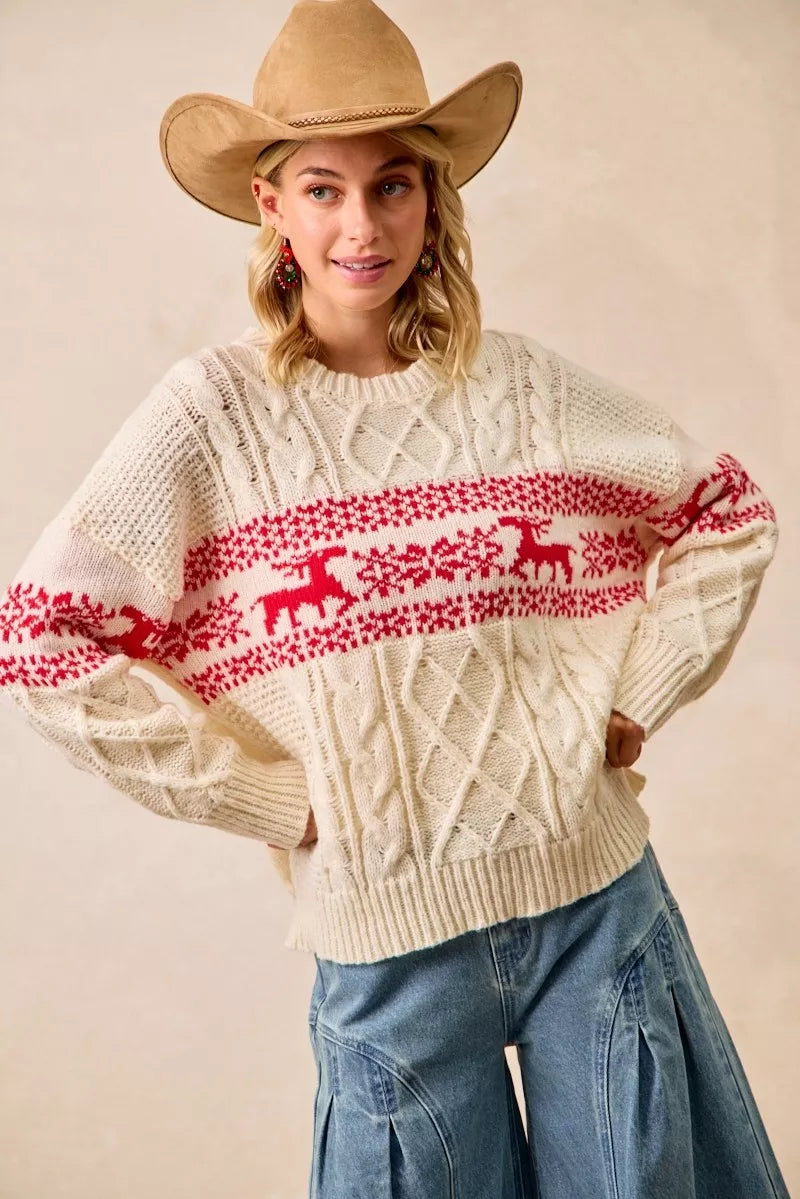 BIBI Christmas Theme Patterned Cable Knit Sweater on Simply Obsessed