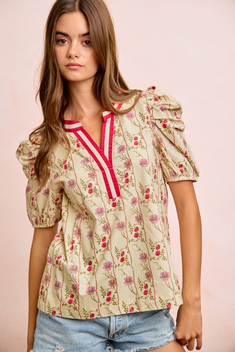 BIBI Floral Gather Sleeves Contrast Neckband Blouse Top on Simply Obsessed