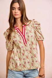 BIBI Floral Gather Sleeves Contrast Neckband Blouse Top on Simply Obsessed