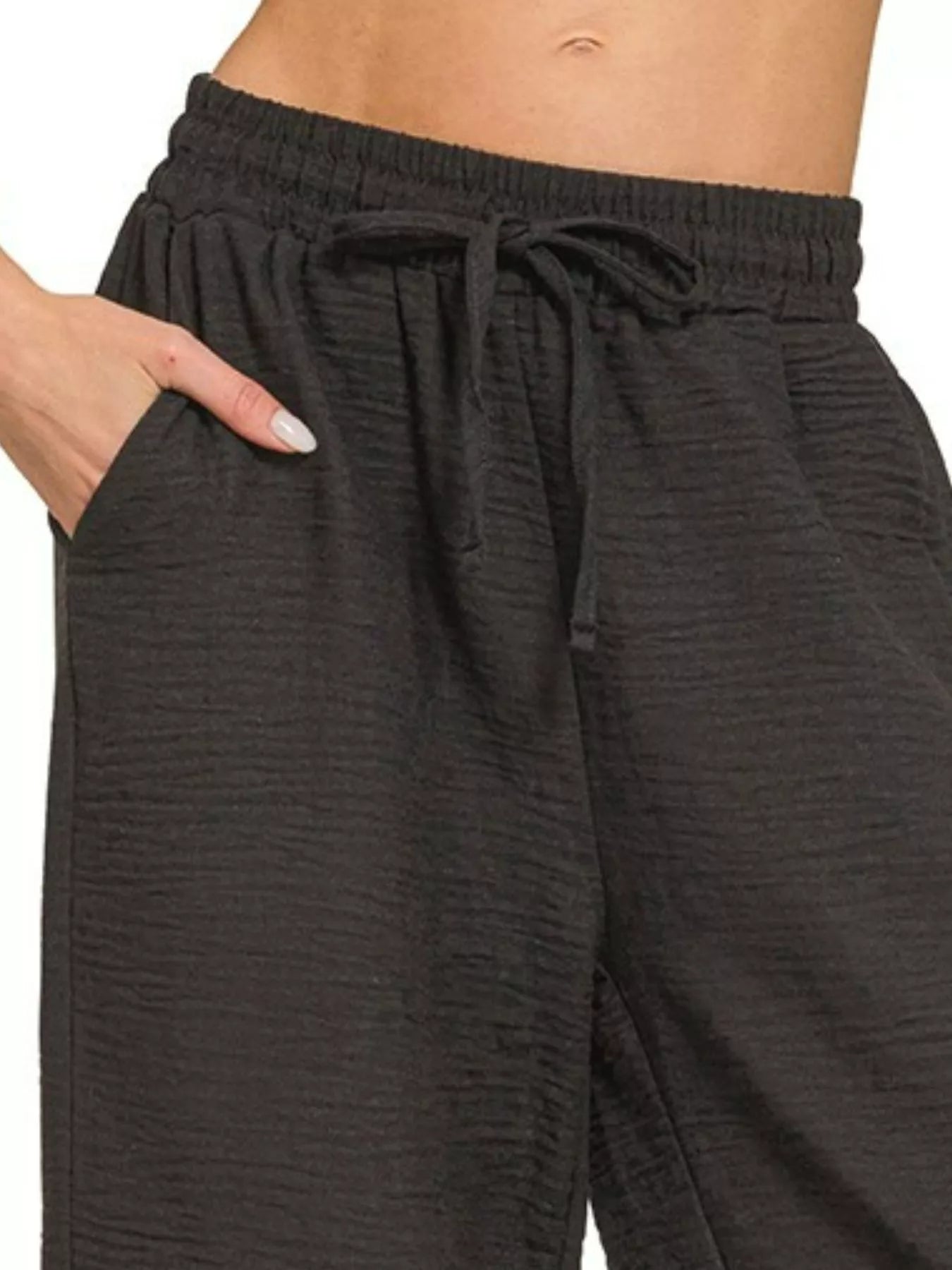 ZENANA Woven Crepe Elastic Band Pants on Simply Obsessed