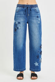 RISEN Elastic Band Slouchy Cropped Barrel with Star Patch on Simply Obsessed