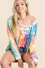 BiBi Tie Dye Deep V-neck Top With Lace Up Front on Simply Obsessed