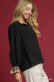 Umgee Half Button Blouse with Leopard Print Trim on Simply Obsessed
