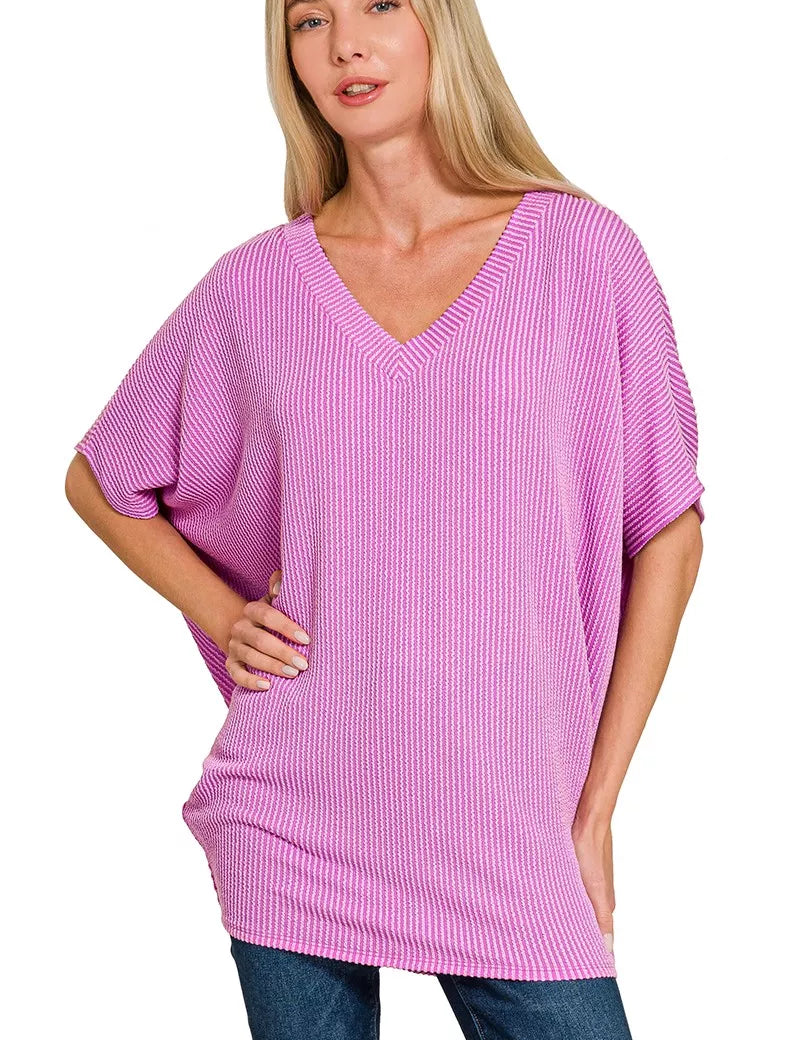 Zenana Raised Rib V-Neck Batwing Top on Simply Obsessed