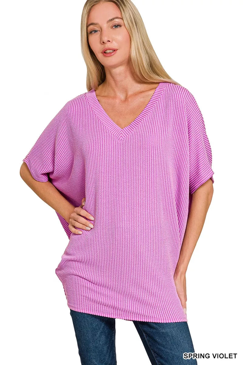 Zenana Raised Rib V-Neck Batwing Top on Simply Obsessed