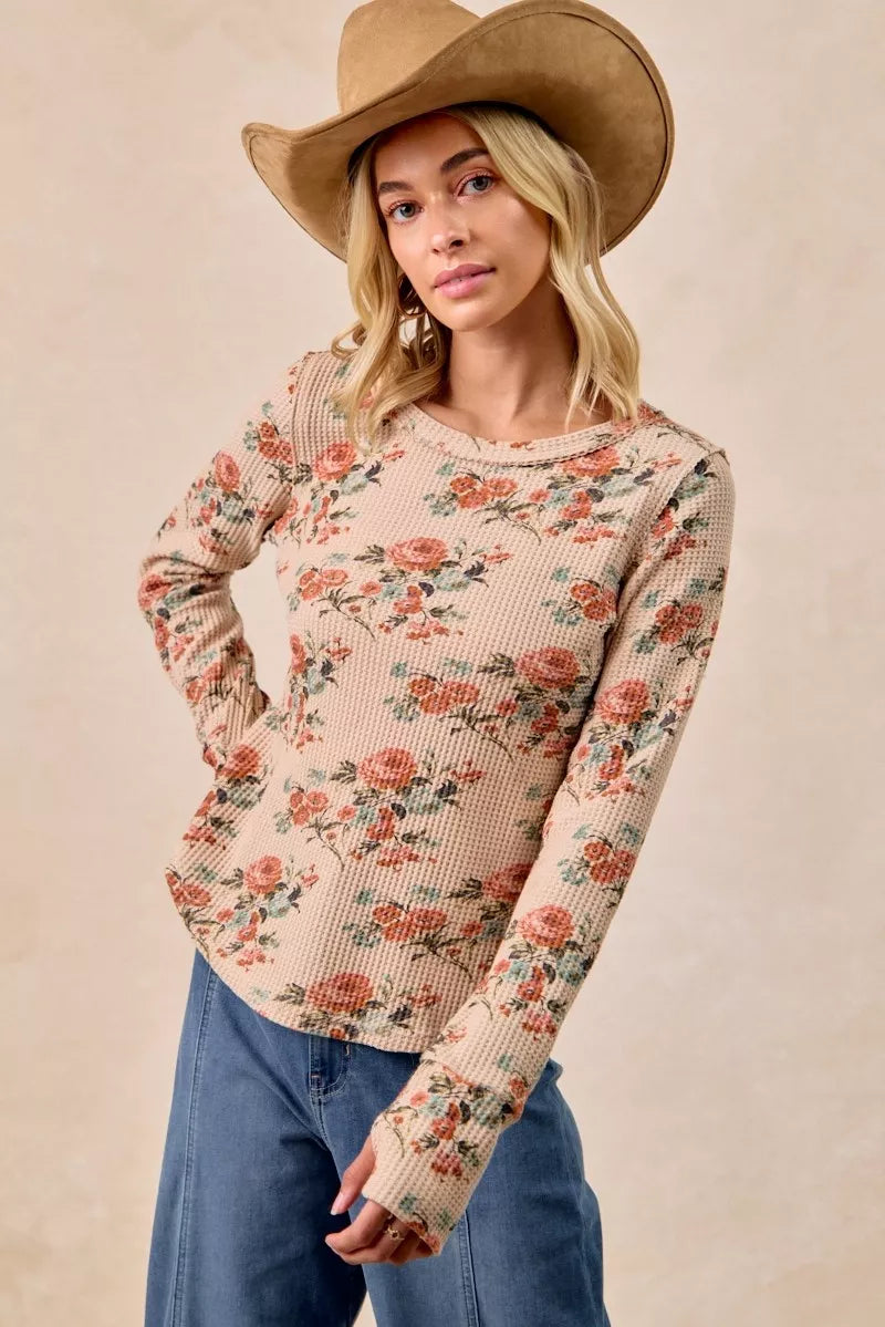 BIBI Floral Print Washed Waffle Thermal Top with Thumb on Simply Obsessed