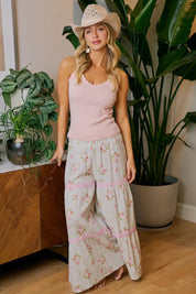 BIBI Rose Printed Gauze Trim Detail Smocked Maxi Pants on Simply Obsessed
