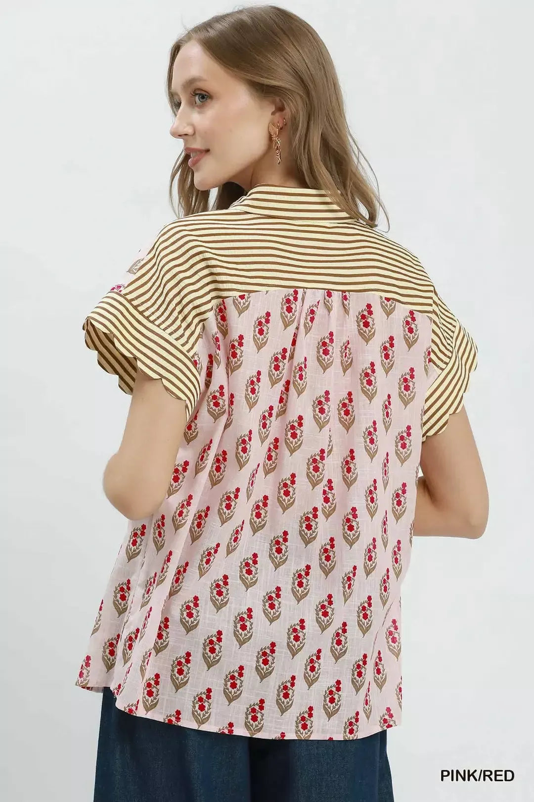 UMGEE Block Print Button-Front Shirt with Contrast Stripe Point Collar on Simply Obsessed